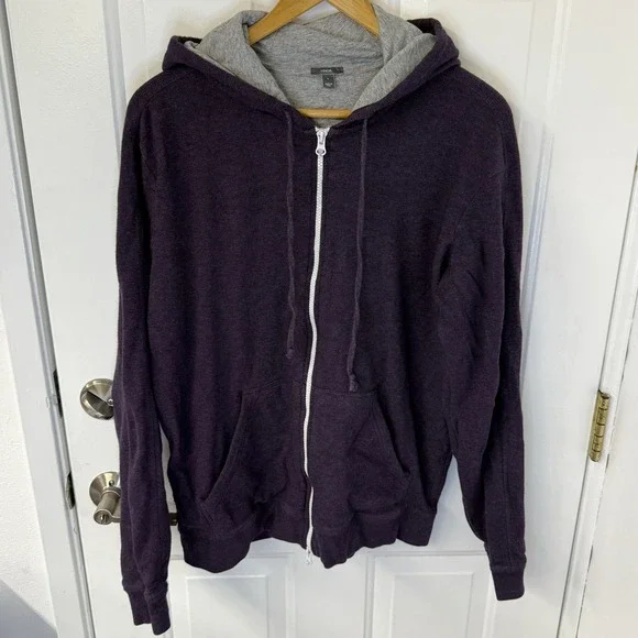 Vince Waffle Knit Thermal Lined Zip Hoodie Dark Purple Long Sleeve Mens Sz Large - Picture 1 of 10